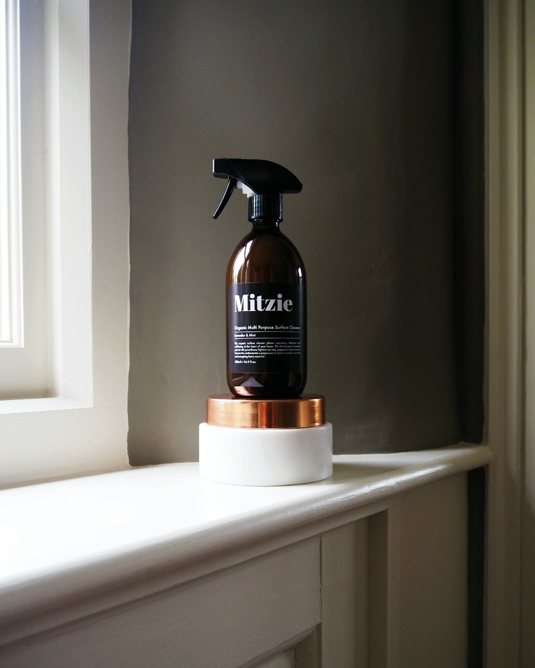 Mitzie Organic Cleaning Products. Packaged in an amber glass bottle to lock in the vegan goodness.