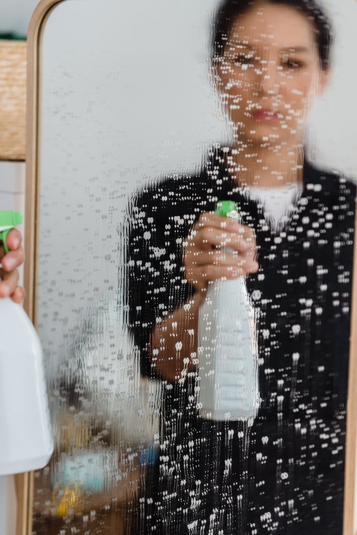 A woman cleans a mirror using a spray bottle, capturing her reflection amidst soap bubbles.